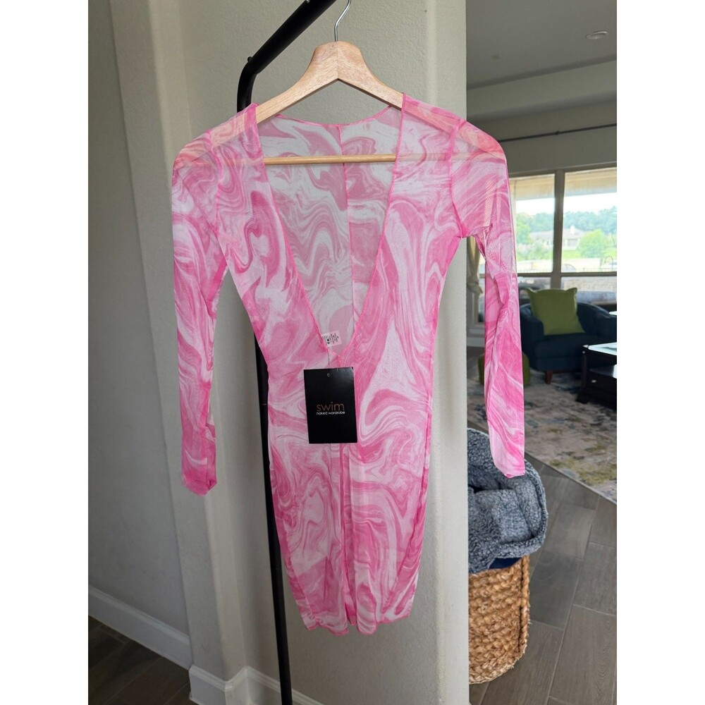 Naked Wardrobe Pink Marble Smoke Mesh Swim Cover-Up Top – XS